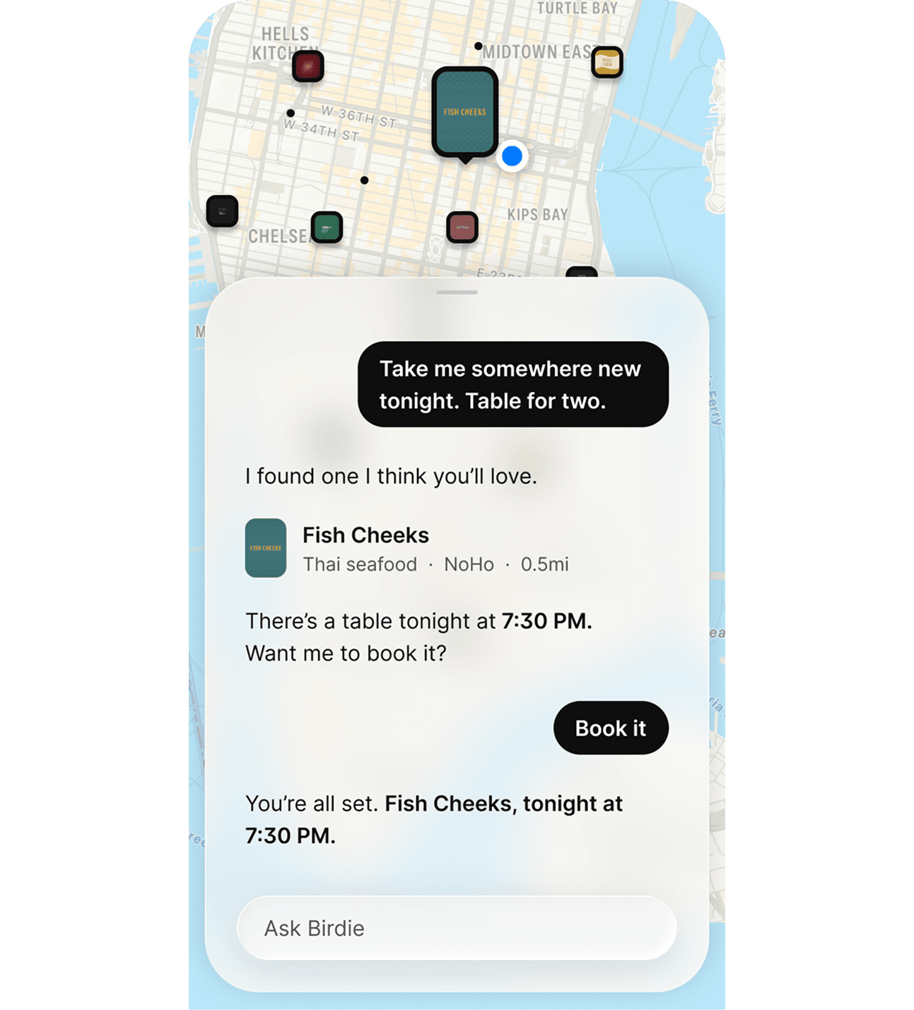 Birdie chat booking a table for two at a new restaurant tonight