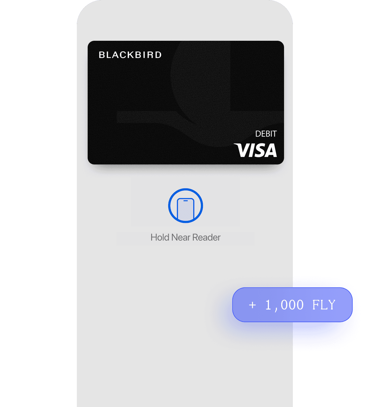 iPhone held near a payment reader with the Blackbird Visa card